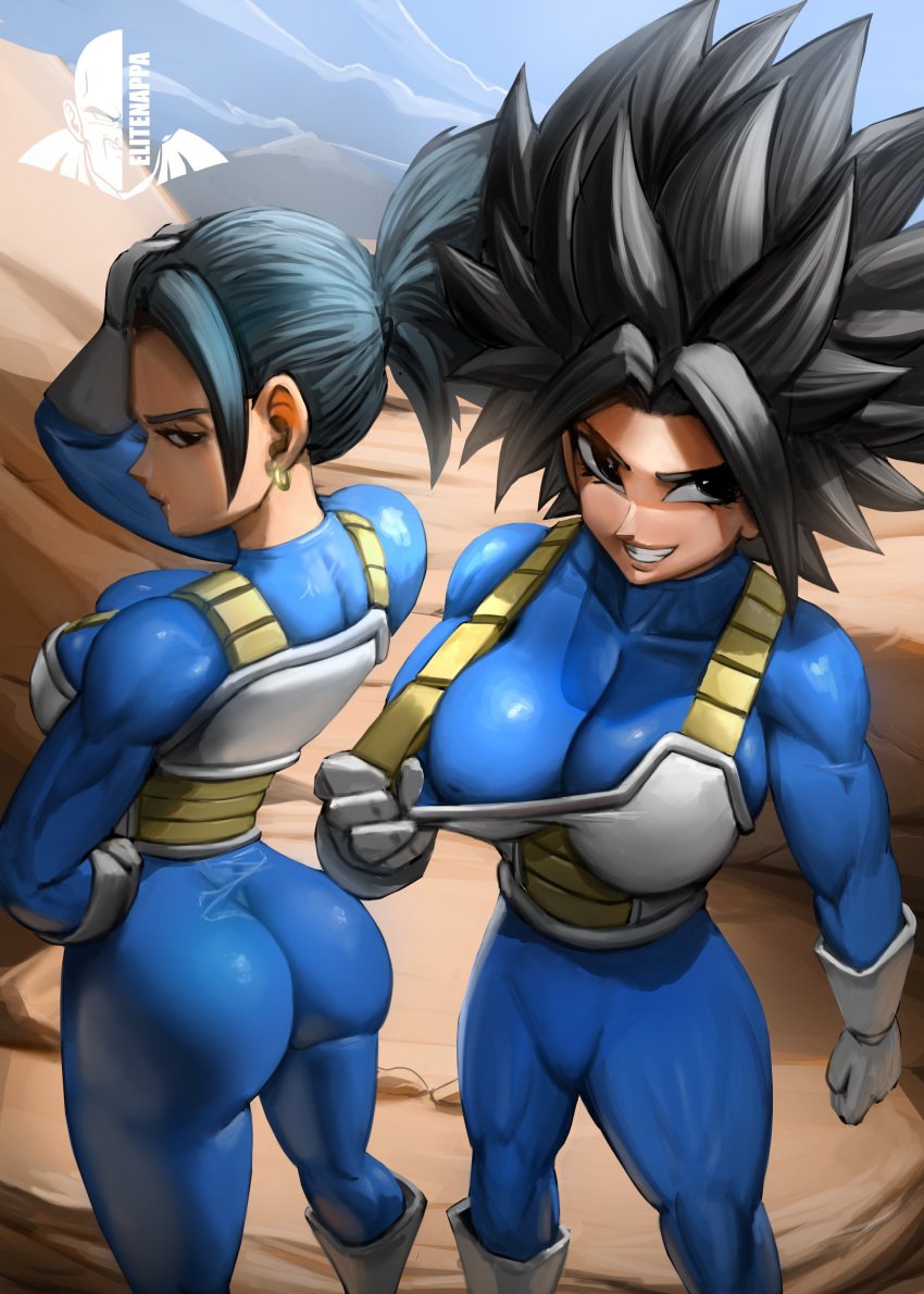 2girls armor ass big_ass big_breasts black_hair bodysuit breasts bubble_butt busty caulifla cleavage dat_ass dragon_ball dragon_ball_super ear_piercing earrings elitenappa fat_ass female female_only female_saiyan gloves huge_ass kale large_ass large_breasts looking_at_viewer looking_back piercing saiyan_armor skin_tight smile thick_ass