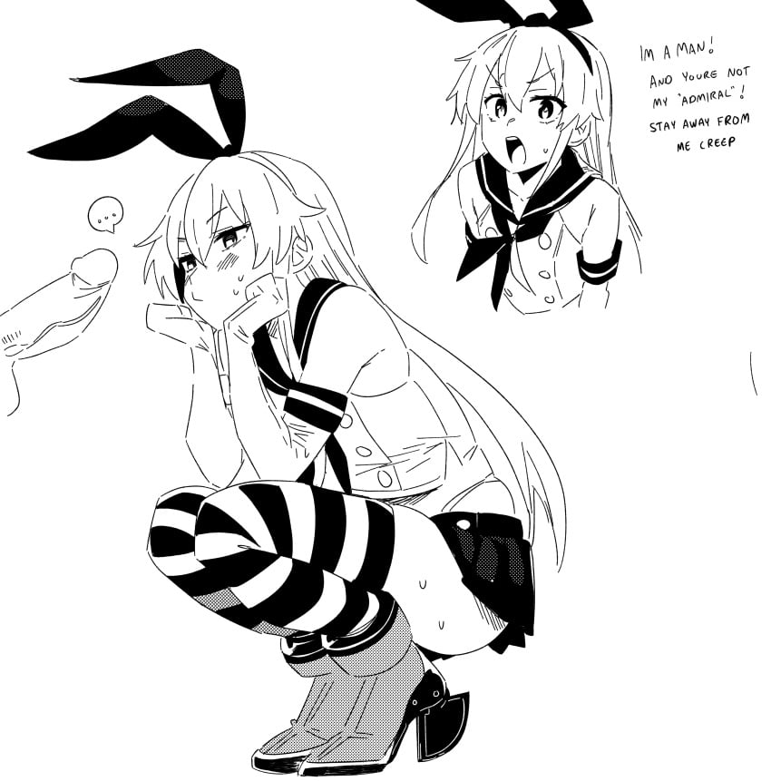 1boy absurdres elbow_gloves english_text erection gloves greyscale hairband head_rest highres kantai_collection long_hair male_focus miniskirt monochrome osa_(osavocaloid) otoko_no_ko penis pleated_skirt sailor_collar shimakaze-kun shimakaze_(kancolle) skirt squatting striped_clothes striped_thighhighs sweat thighhighs