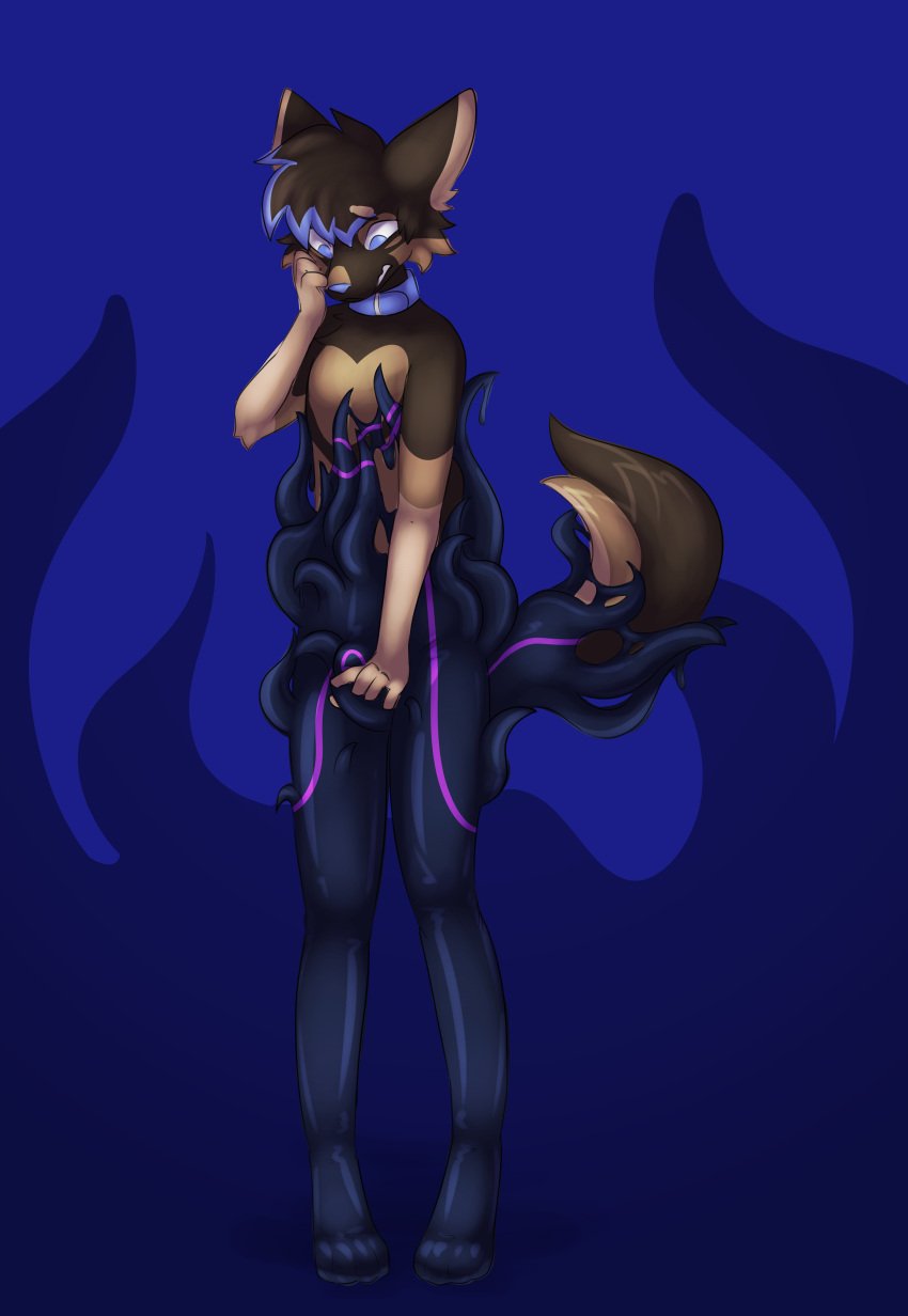 2024 absurd_res anthro blue_collar blue_eyes canid canine canis captaincronus clothing collar domestic_dog fur german_shepherd goo_tentacles goo_transformation hair herding_dog hi_res latex looking_down male mammal marlow_wilde null_bulge pastoral_dog scared_face simple_background slime solo tail tentacle tight_clothing transformation