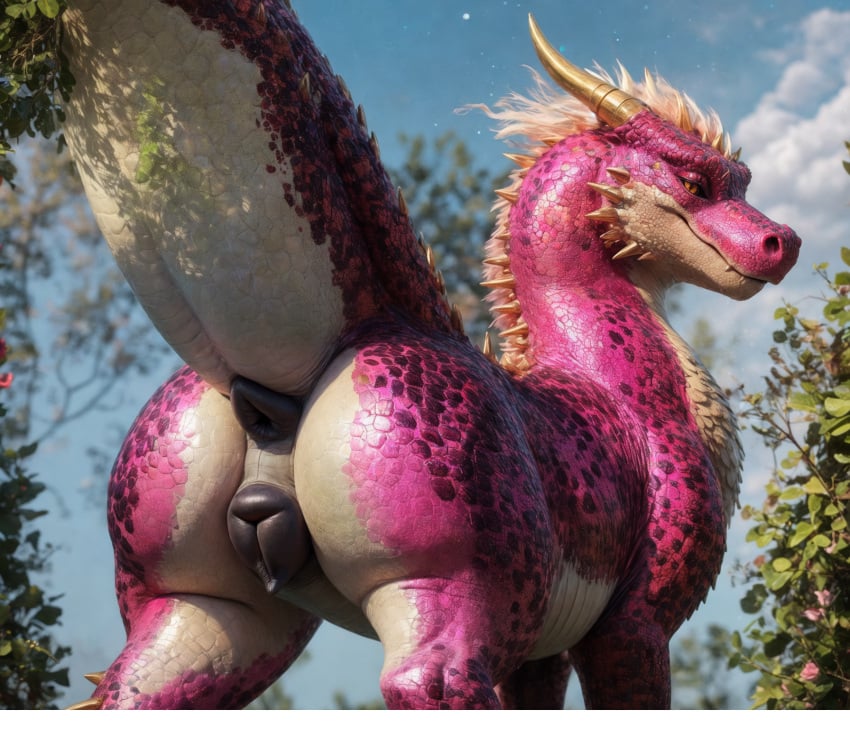 ai_generated animal_genitalia animal_pussy anus ass belly big_anus black_anus black_body black_pussy black_scales blp blue_sky canine_pussy cheek_spikes cloud day detailed detailed_scales dragon facial_spikes female feral flower genitals hair hi_res horn light lighting long_neck looking_at_viewer looking_back looking_back_at_viewer markings mouth_closed multicolored_body orange_eyes outside perineum pink_body pink_scales plant plump_labia presenting presenting_hindquarters puffy_anus pupils pussy raised_tail scales shrub sky slit_pupils smug snaggle_tooth solo spikes spikes_(anatomy) spots spotted_markings standing sunlight thick_tail three-quarter_view two_tone_body white_belly white_body white_butt white_hair white_perineum white_scales wide_hips wide_stance yellow_horn