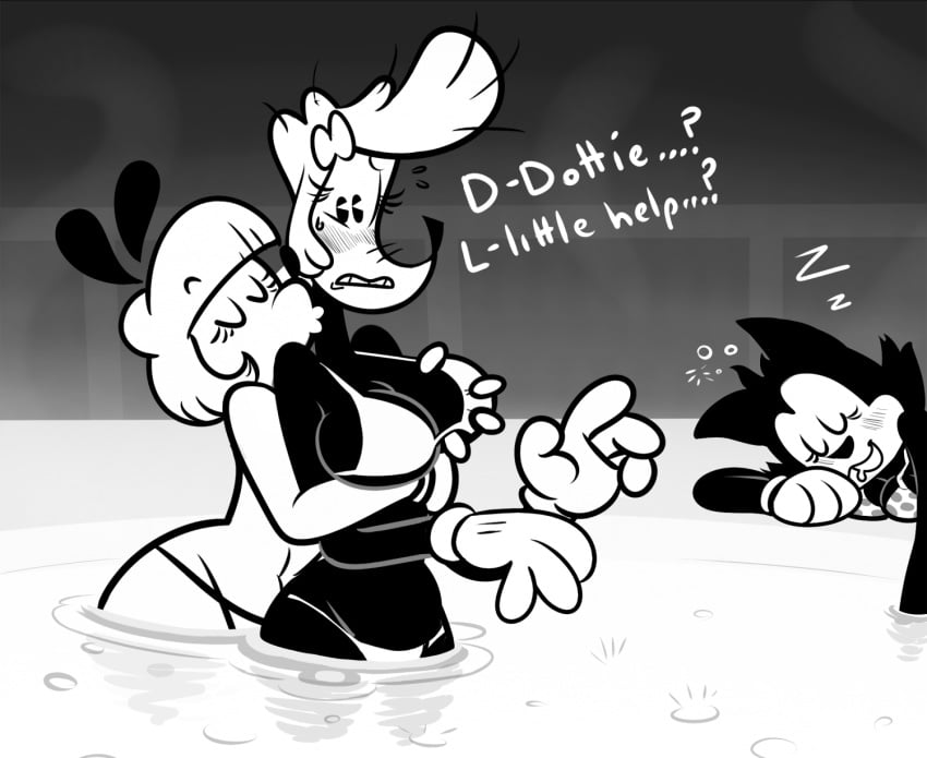 3girls animal_ears anthro bangs big_breasts bikini black_and_white black_eyes black_fur black_nose blush blushing breast_grab breasts busty canine cat_ears cleavage closed_eyes clothing curvy dialogue disney dog_ears dottie_(mickey_mouse_shorts) drool drooling drunk english_text erica_(mickey_mouse_shorts) eyelashes eyes_closed feline female female_only forced fully_clothed furry furry_only gloves gollyollyoxenfree grabbing_from_behind groping group hand_on_breast highres hot_tub huge_breasts imminent_kiss large_breasts lesbian looking_at_partner looking_back mammal mickey_mouse_shorts molestation monochrome navel nervous open_mouth outdoors saliva saliva_drip saliva_trail short_hair sleeping small_breasts smile smiling sweat sweatdrop swimsuit teeth text tooneyd topsy_(mickey_mouse_shorts) voluptuous water white_fur white_gloves wide_hips worried yuri