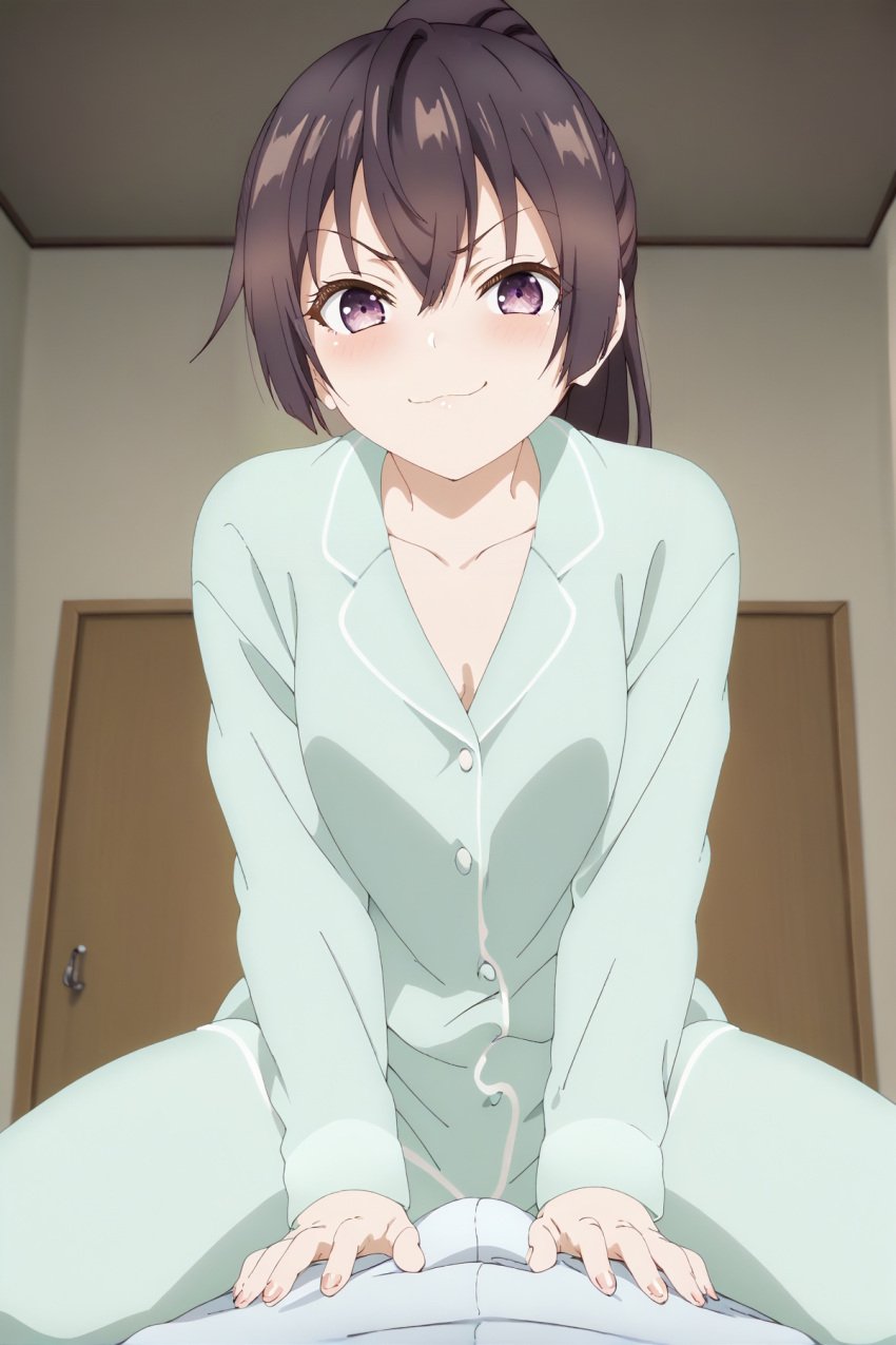 ai_generated big_breasts brother_and_sister brown_hair cowgirl_position erection good_morning_my_brother incest kuze_masachika looking_at_viewer nahito_koketsu naughty_face pajamas ponytail pov purple_eyes suou_yuki tokidoki_bosotto_russian_de_dereru_tonari_no_alya-san