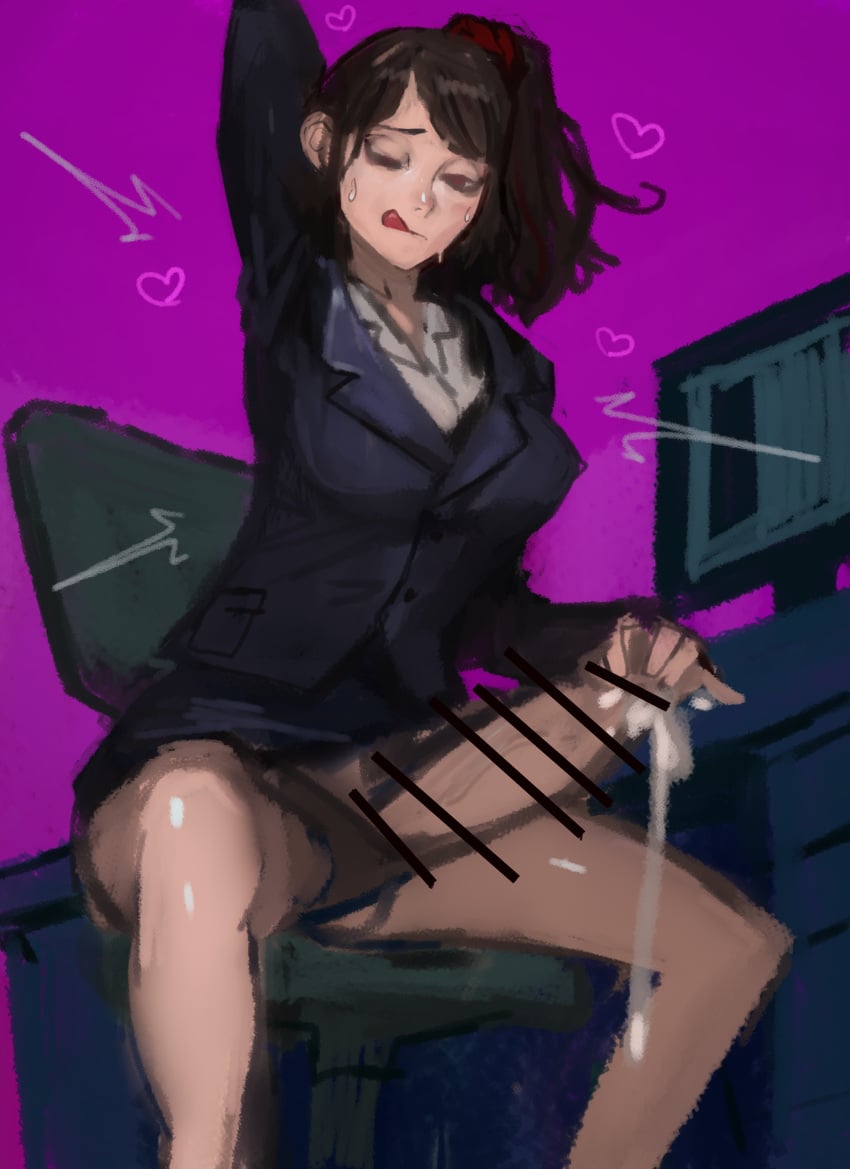 1futa black_hair coat collared_shirt computer_chair computer_monitor cum desktop ejaculation erection futa_only futanari huge_cock kmaro licking_lips office_lady panties pantyhose penis ponytail skirt sweat tongue_out