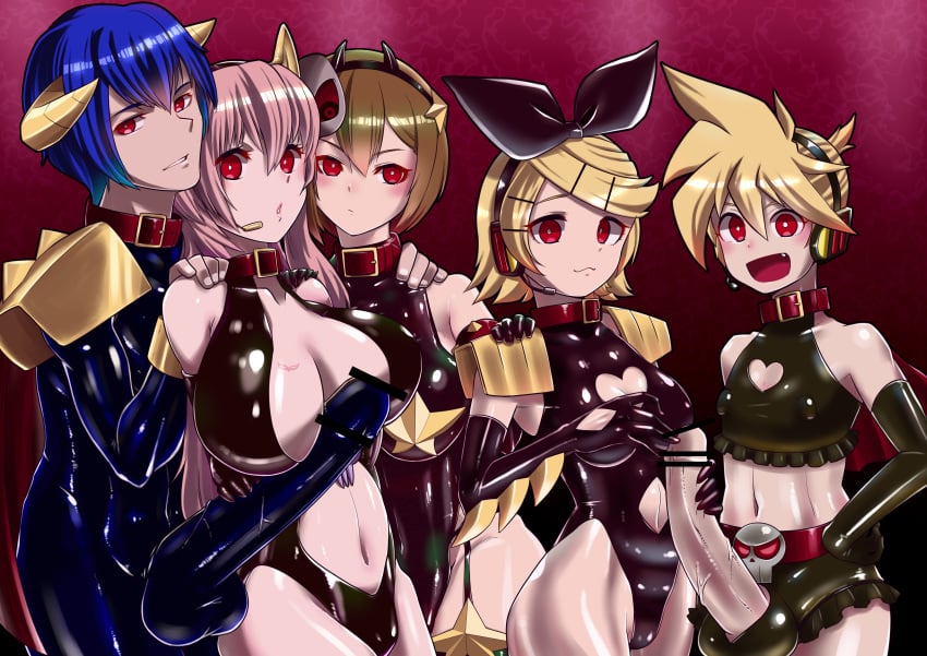 2024 2boys 3girls absurdres alternate_costume androgynous bodysuit breasts cleavage_cutout collar corruption crossdressing erect_nipples erection evil_smile femboy femsub glowing glowing_eyes handjob kagamine_len kagamine_rin kaito large_breasts large_penis latex long_penis malesub megurine_luka meiko multiple_subs navel one-piece_swimsuit paizuri penis ryuney smile swimsuit vocaloid