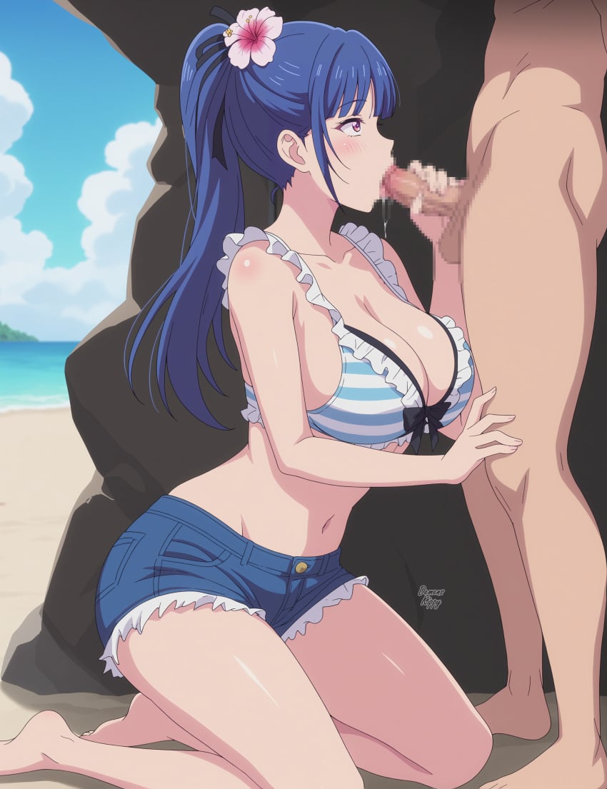 ai_generated big_breasts blowjob blue_eyes blue_hair censored deep_blowjob demens_kippy faceless_male fellatio huge_breasts long_hair megami_no_kafeterasu on_knees oral oral_sex ponytail sucking_penis tsuruga_ami