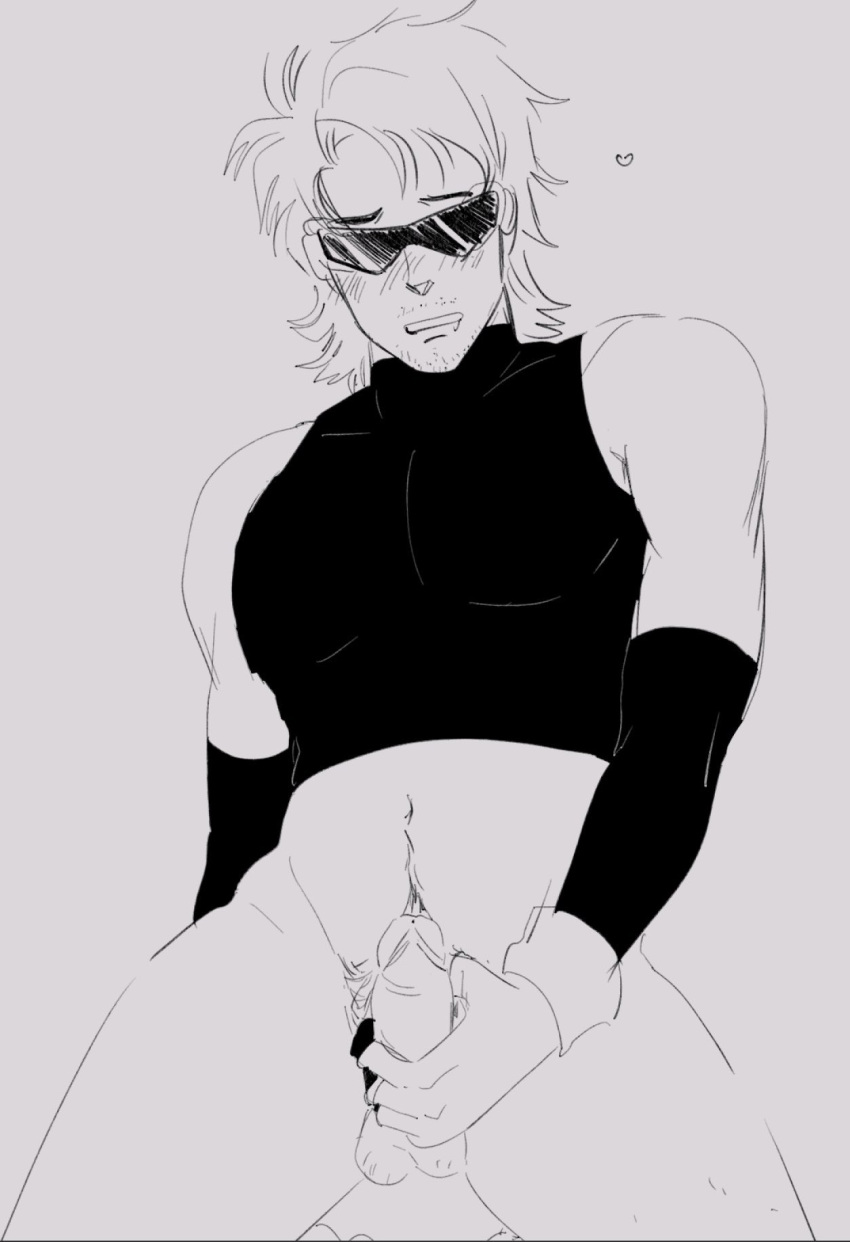 1boy crop_top detached_sleeves devilkokonatsu facial_hair facing_viewer fingerless_gloves greyscale hand_on_penis heart lips_parted masturbation muscular navel oc on_knees original original_character partially_clothed penis pubic_hair short_hair sleeveless_turtleneck solo visor_(eyewear)