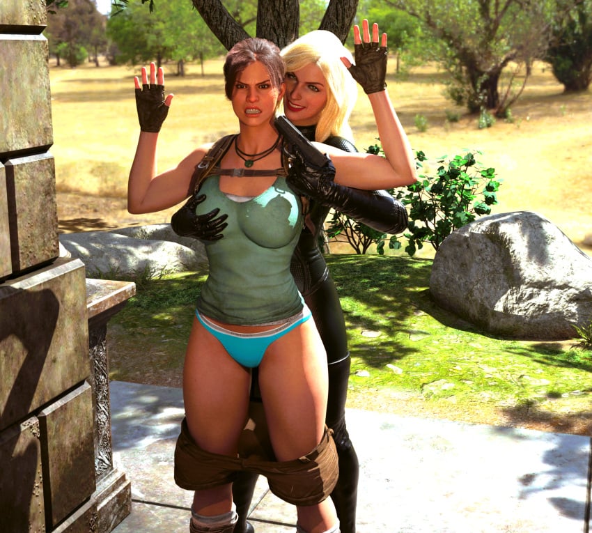 3d bethanyhunter bound brown_hair daz_studio gun gunpoint lara_croft lara_croft_(classic) panties stripping tomb_raider