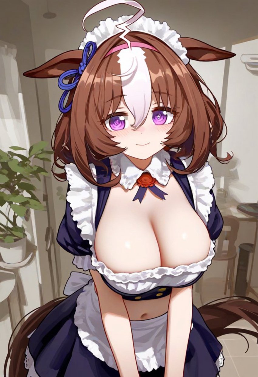 ahoge ai_generated animal_ears breasts brown_hair cleavage costume female horse_girl maid_uniform meisho_doto_(umamusume) purple_eyes two_tone_hair umamusume umamusume_pretty_derby