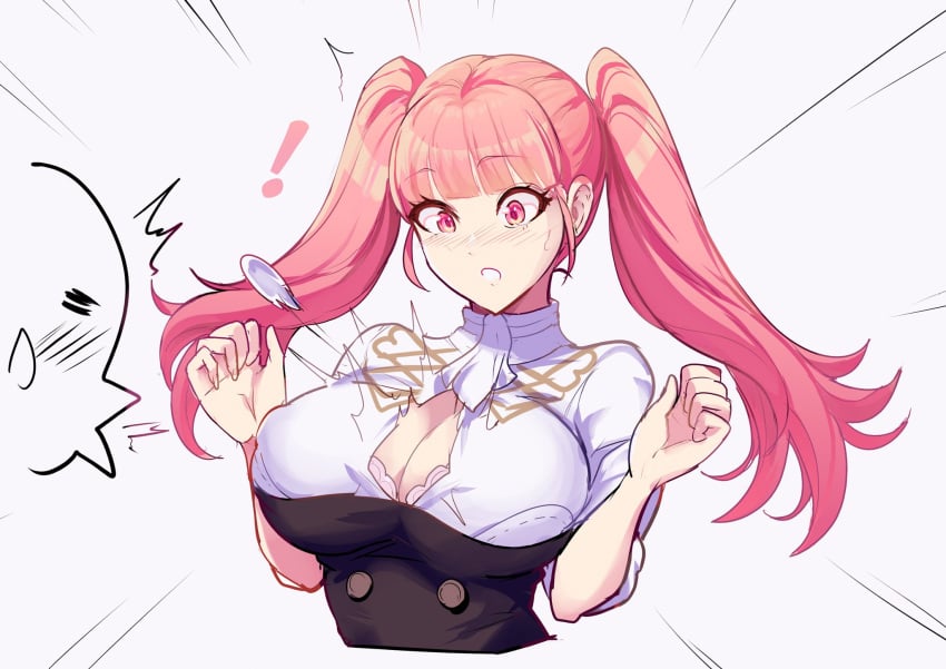 ! 1girls 1other blunt_bangs blush bra bra_peek breasts bursting_breasts button_pop buttons cleavage cropped_torso emphasis_lines eyebrows_visible_through_hair female fire_emblem fire_emblem:_three_houses garreg_mach_monastery_uniform grey_background hands_up highres hilda_valentine_goneril large_breasts long_hair nintendo nose_blush pink_eyes pink_hair revolverwingstudios shirt shocked short_sleeves simple_background solo_focus surprised sweatdrop twintails underwear upper_body very_long_hair wardrobe_malfunction white_bra white_shirt