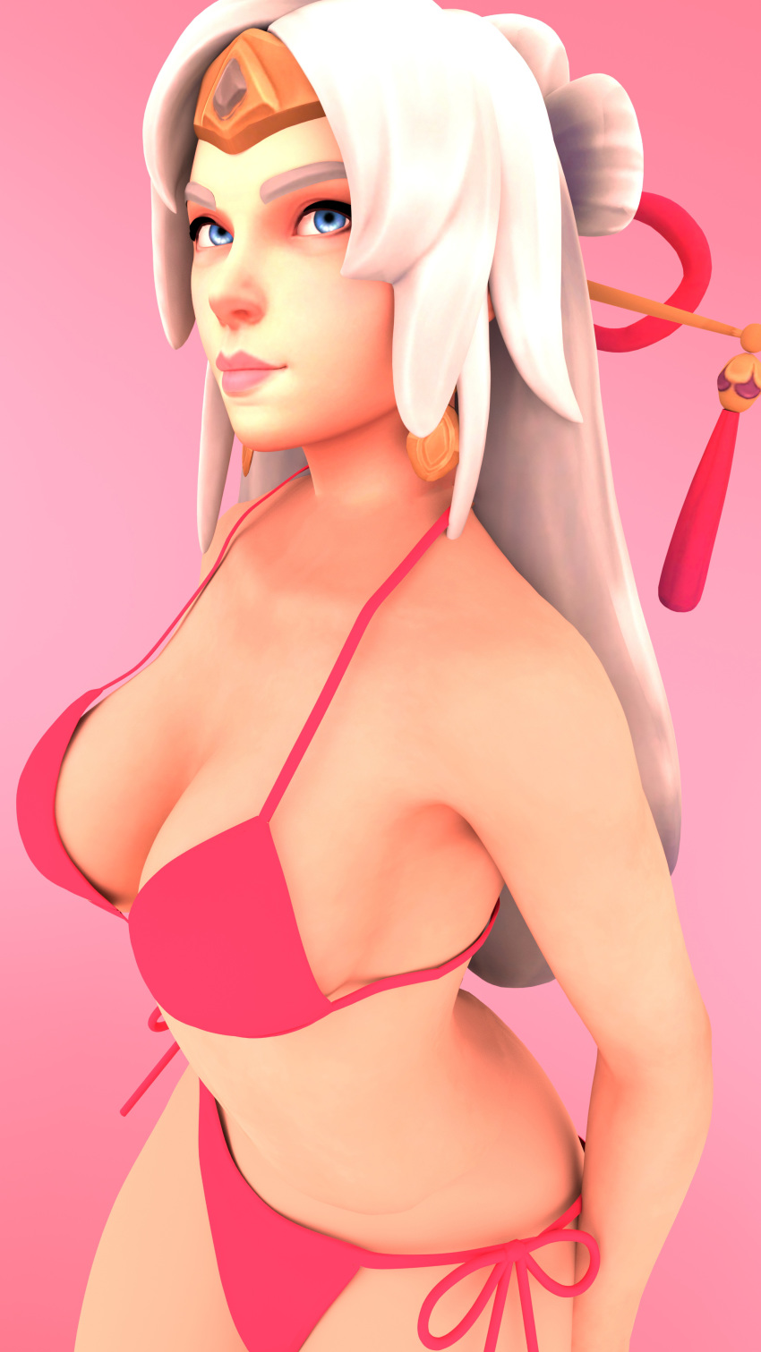 1girls 3d bikini bra female geckoscave lian_(paladins) paladins pink_bra pink_swimsuit solo swimsuit white_hair