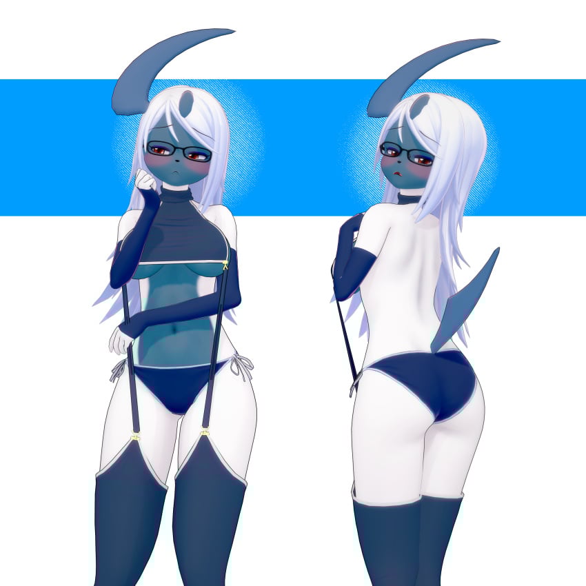 1female 3d absol anthro anthro_only blue_gloves blush blush blushing_at_viewer breasts dark_blue_clothing embarrassed embarrassed_female female female_focus female_only furry furry_female furry_only glasses gloves koikatsu looking_at_viewer looking_away nervous pokemon pokemon_(species) render_007 shy simple_background virgin_destroyer_sweater virgin_killer_sweater