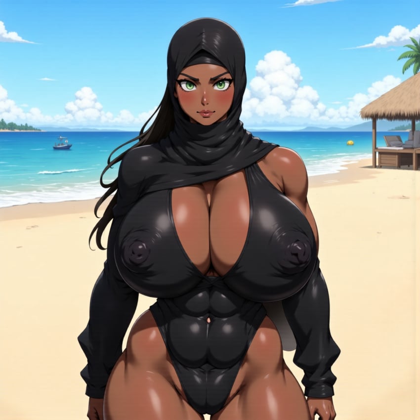 ai_generated beach big_areola big_breasts big_nipples black_hair breasts brown_eyes dark-skinned_female dark_skin female female_focus female_only headscarf hijab huge_breasts kunaboto_(style) muscular muscular_female muslim muslim_female thick_thighs
