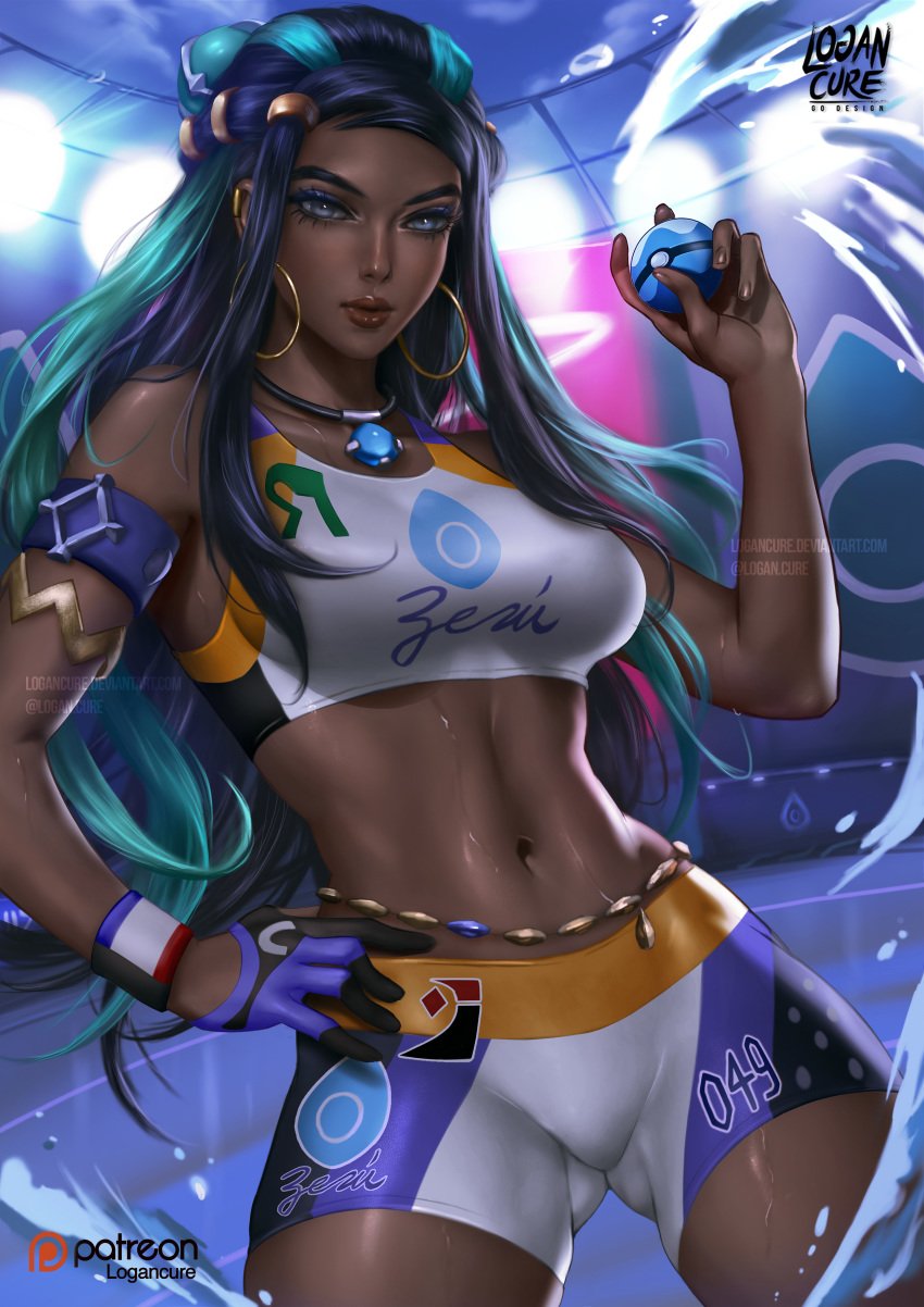 1girls abs absurd_res armpits bare_shoulders belly blue_eyes blue_hair bracelet breasts cleavage clothed dark-skinned_female dark_skin dive_ball earrings eyelashes eyeshadow female female_only gloves gym_leader half-closed_eyes highres human logan_cure long_hair looking_at_viewer makeup midriff navel nessa_(pokemon) nintendo patreon pinup poke_ball pokemon pokemon_ss shirt shorts solo spread_legs standing sweat text thick_thighs thigh_gap url watermark wet