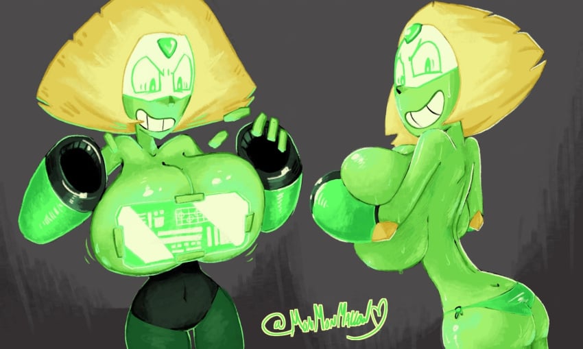 1girls artist_signature bikini_bottom blonde_hair breast_expansion breast_grab breasts breasts_against_glass breasts_on_glass bubble_butt cartoon_network cleavage convenient_censoring female gem gem_(species) gem_on_forehead green_skin handbra jumpsuit monmonmallow navel_outline peridot_(steven_universe) petite pressing_breasts_together prosthetic shortstack sideboob slim_thick slim_waist steven_universe sweat top_heavy topless visor water_drop