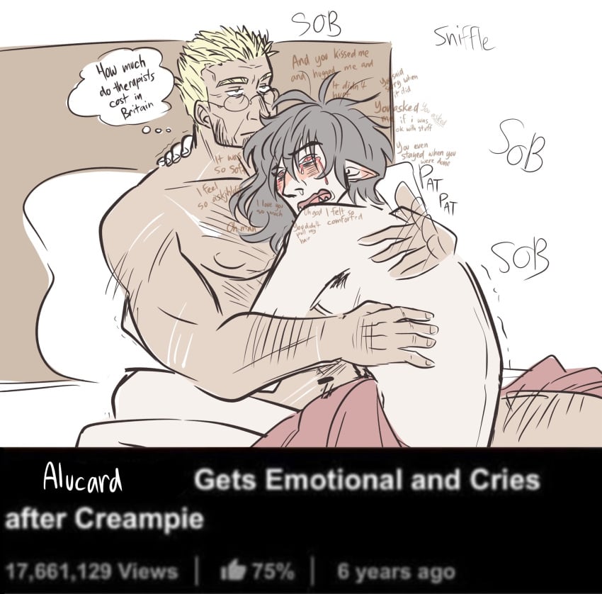 2boys after_sex alexander_anderson alucard_(hellsing) armpit_hair black_hair blanket blonde_hair comforting comforting_another cry_ptidd crying crying_blood crying_with_eyes_open dilf english_text glasses hairy hairy_male hellsing hug hugging in_bed male meme muscular muscular_male older_male pointy_ears sketch skinny_male tan_skinned_male trembling vampire wholesome yaoi