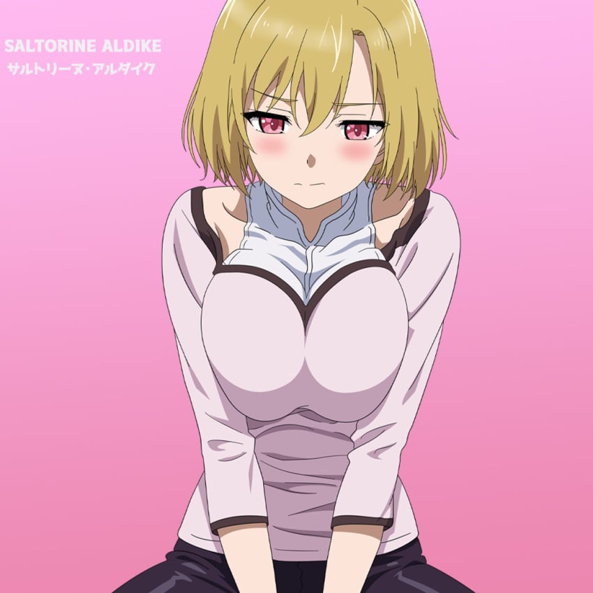 2021 big_breasts blonde_eyebrows blonde_hair blush breasts female female_focus female_only hands_between_thighs light-skinned_female light_skin pawowe peach_boy_riverside pink_background red_eyes saltorine_aldike shy text