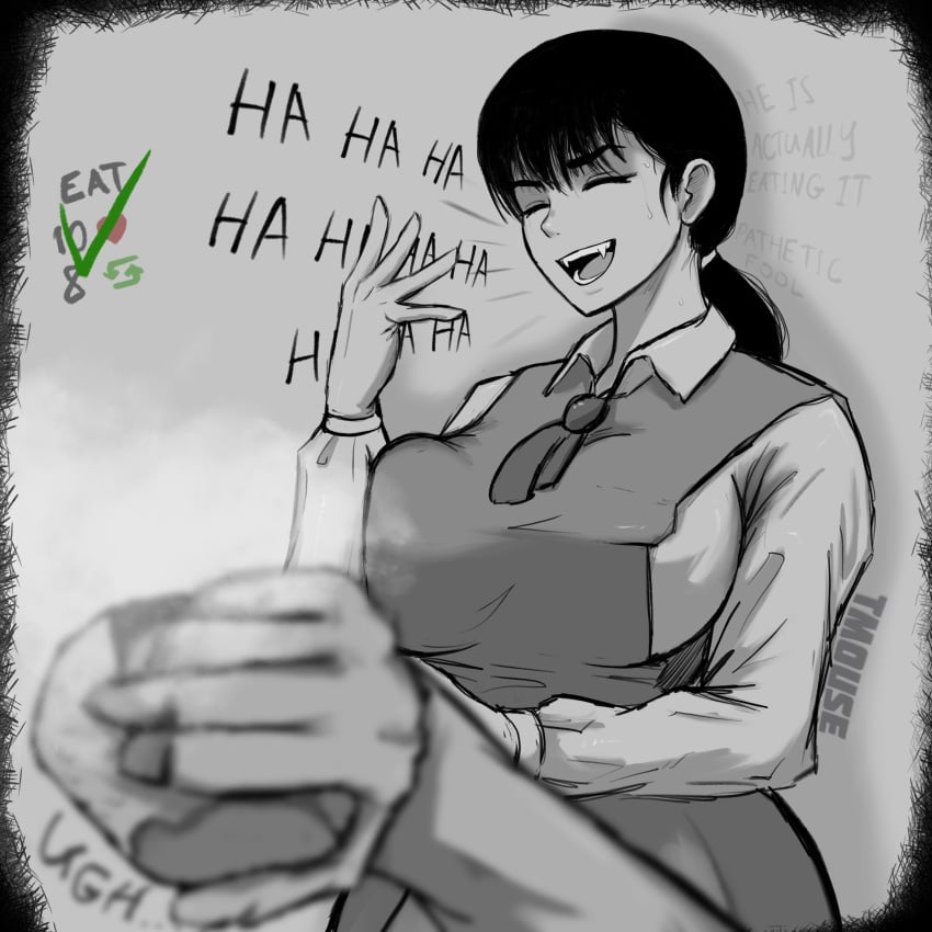 1futa big big_breasts black_hair chainsaw_man dickgirl futanari intersex laugh laughing laughing_at_viewer mitaka_asa onigiri partially_clothed sweat sweating text tmouse