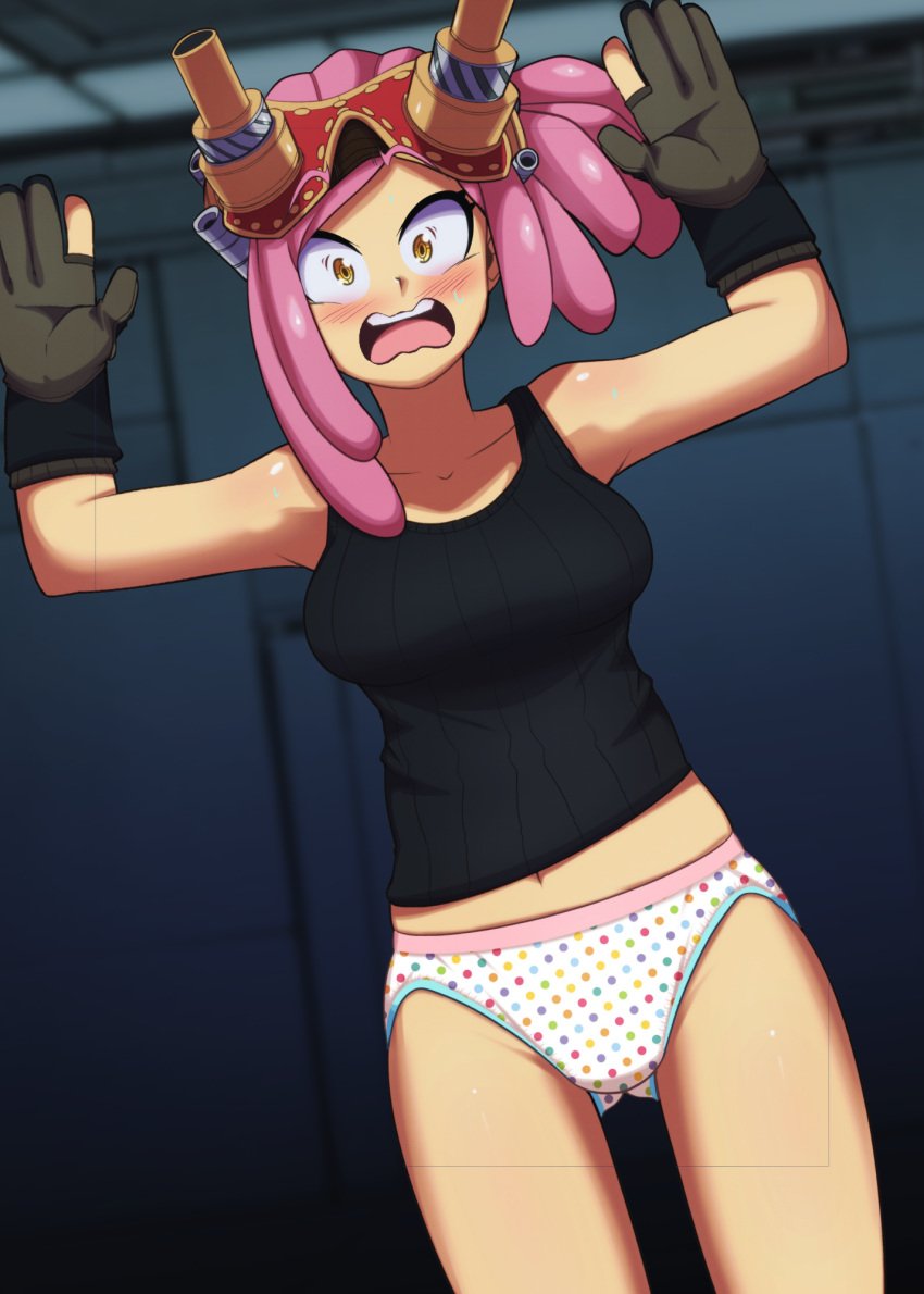 blush euf euf-dreamer fingerless_gloves hands_up hatsume_mei mei_hatsume my_hero_academia no_pants panties polka_dot_panties print_panties scared_expression underwear