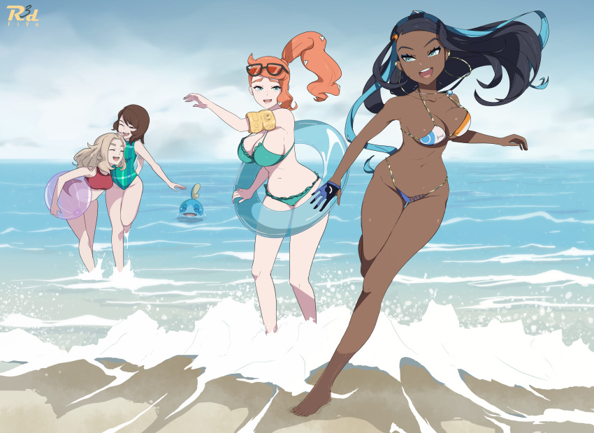 4girls absurd_res alternate_breast_size ass ball barefoot beach belly big_breasts bikini blonde_hair blue_bikini blue_eyes blue_hair blue_skin bouncing_breasts breasts brown_eyes brown_hair cleavage closed_eyes clothed dark-skinned_female dark_skin earrings feet female female_only gloria_(pokemon) green_bikini gym_leader half-closed_eyes highres hoop_earrings hourglass_figure hud human human_only large_breasts larger_female lass_(pokemon) lass_(pokemon_ss) midriff multiple_girls navel nessa_(pokemon) nintendo npc_trainer one-piece_swimsuit one_eye_closed open_mouth orange_hair outdoors peach_hair pokemon pokemon_ss ponytail r3dfive sideboob size_difference smile sobble sonia_(pokemon) standing swimsuit teeth text thick_thighs toes tongue water watermark wide_hips