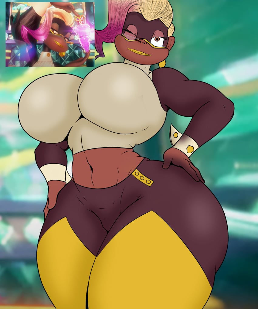1girls belly_button big_breasts blink breasts brown_body brown_eyes brown_fur brown_hair donkey_kong_(series) donkey_kong_bananza female feral first_porn_of_character furry furry_female furry_only glasses looking_at_viewer monkey nintendo nintendo_switch_2 one_eye_closed pink_hair reference_image screencap screenshot shittyartz simple_coloring simple_shading voidco_female white_shirt yellow_legwear yellow_lipstick