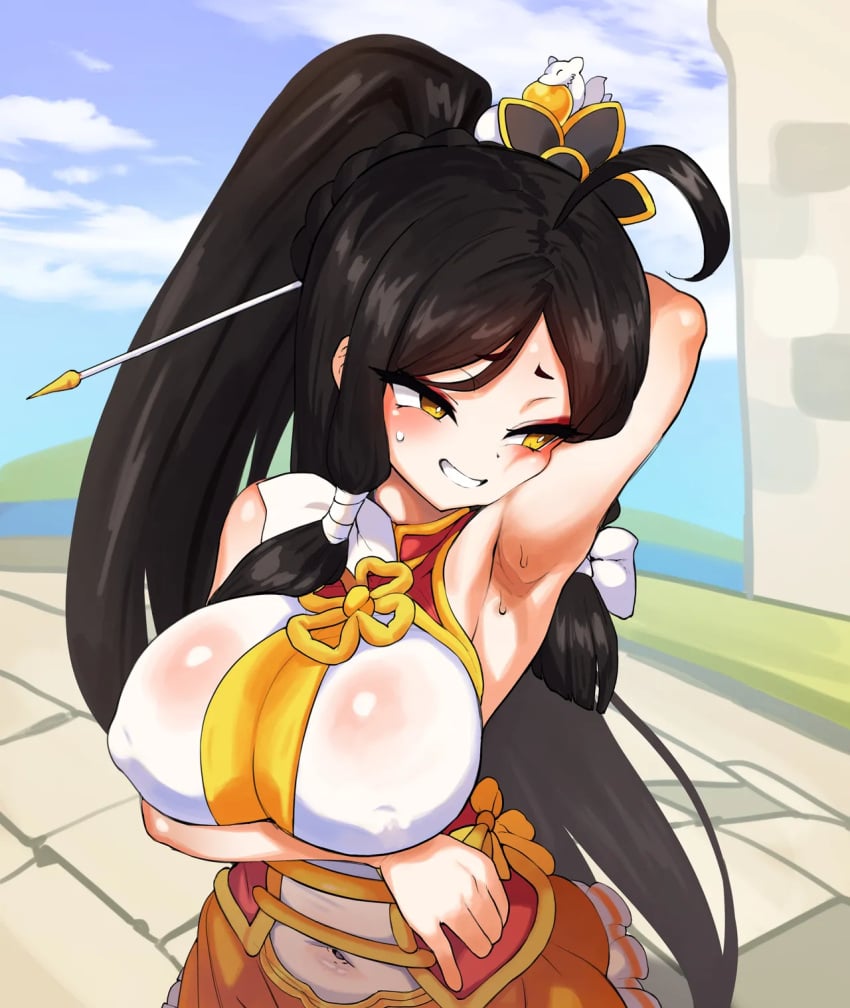 1girls ahoge ara_haan armpits arms_up big_breasts blush breasts brown_hair clothed clothing elsword eyeshadow female hair_ornament hair_ribbon mayo navel nipple_outline ponytail solo sweat yellow_eyes