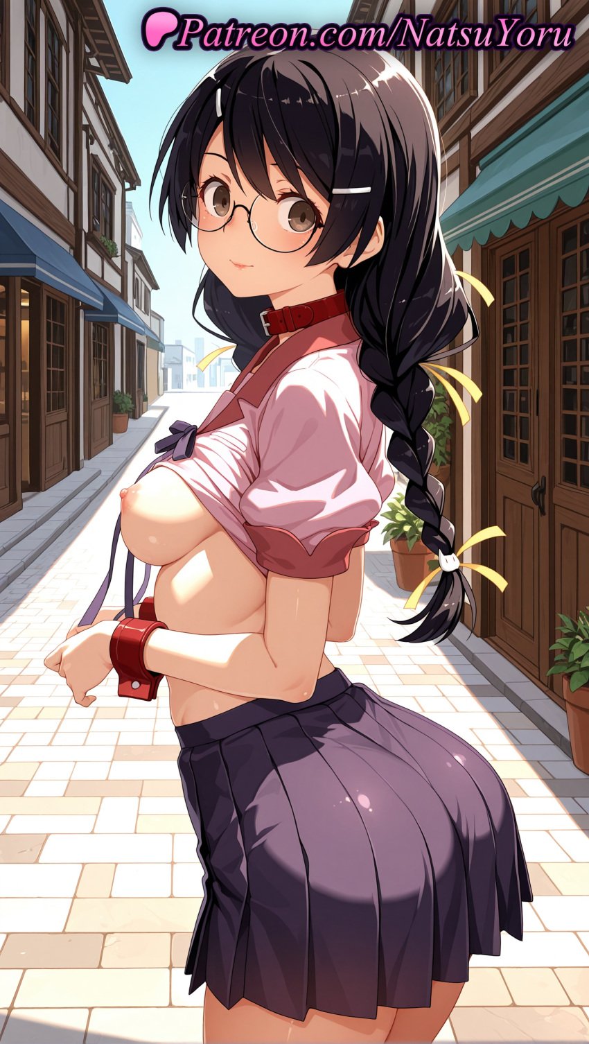 1girls 2025 ai ai_assisted ai_generated alley anime anime_style ass bakemonogatari bangs black_hair blue_sky blush braid breasts breasts_out brown_eyes building bust busty closed_mouth clothes_lift collar cover cover_page cowboy_shot cuffs day doujin_cover exhibitionism female female_focus female_only from_side glasses hair_clips hair_ornament hair_ribbon hairclip handcuffs hanekawa_tsubasa hentai hi_res high_quality high_resolution highres juicy_butt large_breasts leash long_hair looking_at_viewer looking_back looking_to_the_side medium_breasts megane monogatari_(series) naoetsu_high_school_uniform natsuyoru nipples nipples_outside no_bra oshiri outdoors patreon pink_shirt plant pleated_skirt potted_plant public_indecency puffy_short_sleeves puffy_sleeves purple_skirt red_collar ribbon road school_uniform semi-rimless_eyewear shirt shirt_lift short_sleeves sideboob skirt sky smile solo solo_female stable_diffusion standing street twin_braids twisted_torso uncensored_nipples under-rim_eyewear voluptuous voluptuous_female wrist_cuffs yellow_ribbon