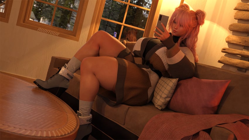 1girls 3d 3d_model abs auditour daz3d daz_studio female female_only light-skinned_female light_skin lounging original_character phone relaxing rit_(auditour) sfw sitting sitting_down sitting_on_chair solo tagme winter