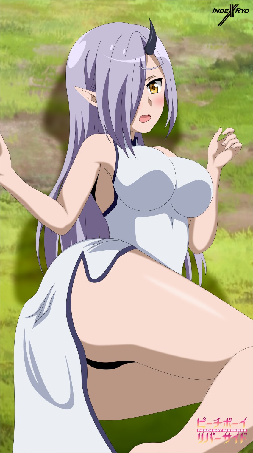 2021 absurd_res artist_name ass blush breasts carrot_(peach_boy_riverside) dress female female_focus female_only highres horn indexryo legs light-skinned_female light_purple_eyebrows light_purple_hair light_skin long_hair looking_at_viewer lying on_the_ground one_eye_covered oni oni_horns open_mouth outdoors peach_boy_riverside pointy_ears thighs yellow_eyes