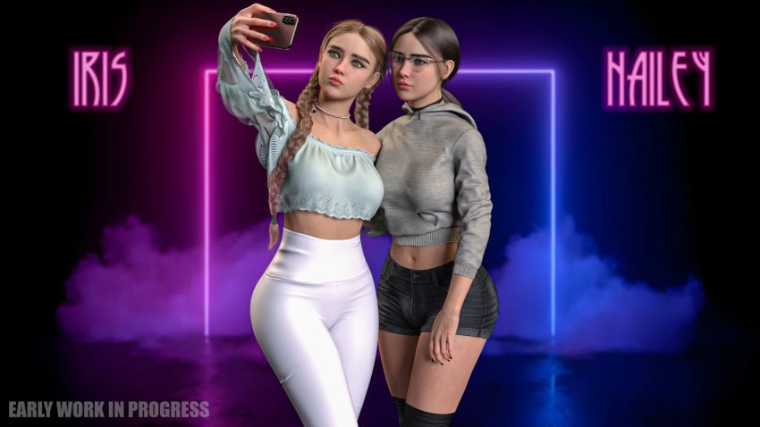 1futa 1girls 3d brown_hair bulge bulge_through_clothing coffeecurse crop_top female futa_with_female futanari intersex leggings light-skinned_female light-skinned_futanari light_skin pants selfie shorts smartphone work_in_progress