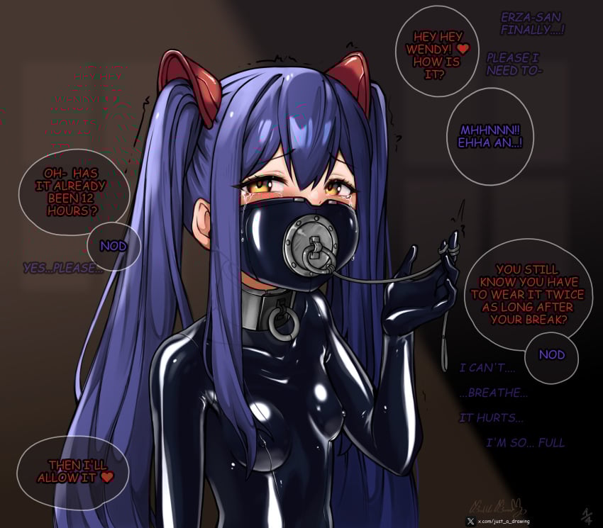 1girls battlebunny blue_hair blush bodysuit breasts brown_eyes collar collared cute_face fairy_tail female female_only latex latex_bodysuit latex_clothing latex_gloves latex_suit plug_gag small_breasts steel_collar thights twintails wendy_marvell