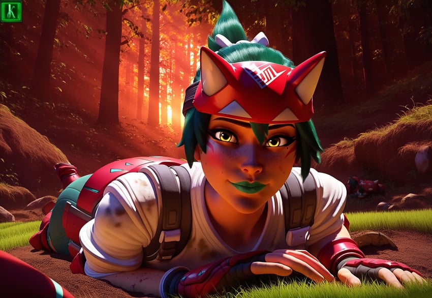 1girls ai_generated dirty_body female forest_background fully_clothed gloves green_hair green_lipstick headgear highres kiriko_(overwatch) kisuco looking_at_viewer lying_on_stomach mud overwatch overwatch_2 yellow_eyes