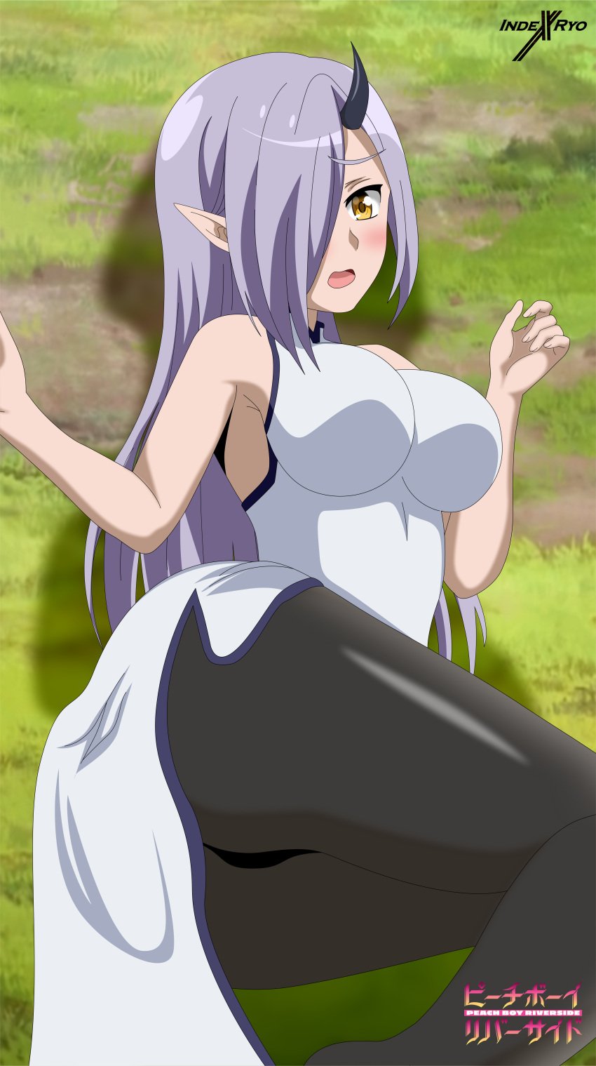 2021 absurd_res artist_name ass blush breasts carrot_(peach_boy_riverside) dress female female_focus female_only highres horn indexryo legs light-skinned_female light_purple_eyebrows light_purple_hair light_skin long_hair looking_at_viewer lying on_the_ground one_eye_covered oni oni_horns open_mouth outdoors pantyhose peach_boy_riverside pointy_ears thighs yellow_eyes