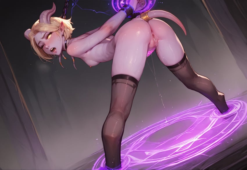 ai_generated blonde_hair bondage collar draenei ion short_hair submissive thighhighs