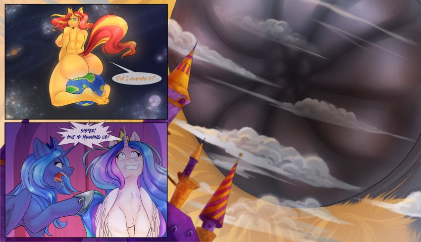 2019 alicorn anus arinadler ass breasts dialogue earth english_text equestria_girls equid feathered_wings feathers feet female feral friendship_is_magic highres horn humanoid_feet macro mammal my_little_pony nude open_mouth princess_celestia_(mlp) princess_luna_(mlp) siblings sister sisters space sunset_shimmer text tongue unicorn wings