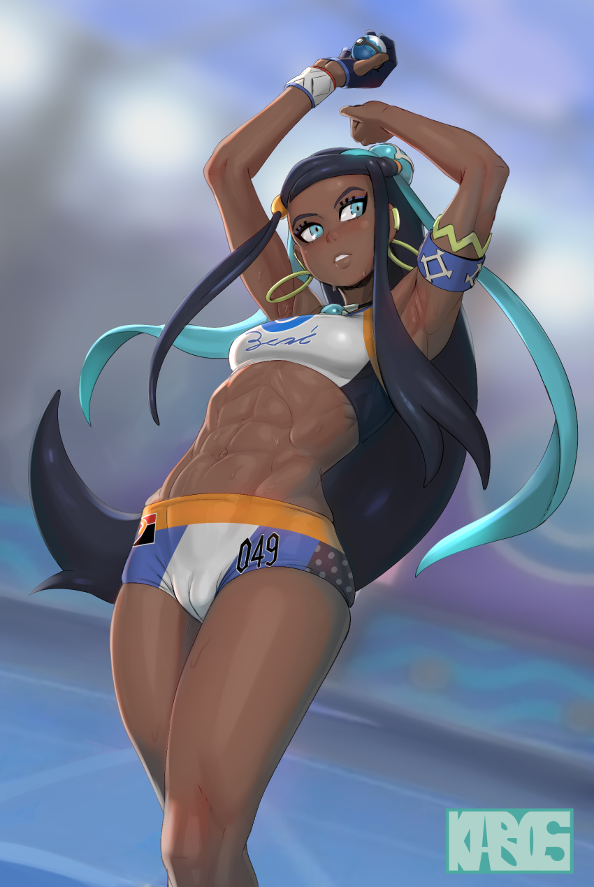 1girls abs armlet armlets armpit_crease armpits arms_up ass belly blue_background blue_eyes blue_hair bracelet breasts cameltoe cleavage clothed crop_top dark-skinned_female dark_skin dive_ball eyelashes eyeshadow female female_only fit fit_female gloves gym_leader hoop_earrings human innie_pussy kabos long_hair looking_away makeup midriff muscles muscular muscular_female navel necklace nessa_(pokemon) nintendo poke_ball pokemon pokemon_ss pose posing pussy shirt short_shorts shorts slender_waist solo sports_bikini sports_bra sportswear standing sweat sweatdrop sweating sweaty text toned toned_female very_long_hair watermark wet wide_hips wristband