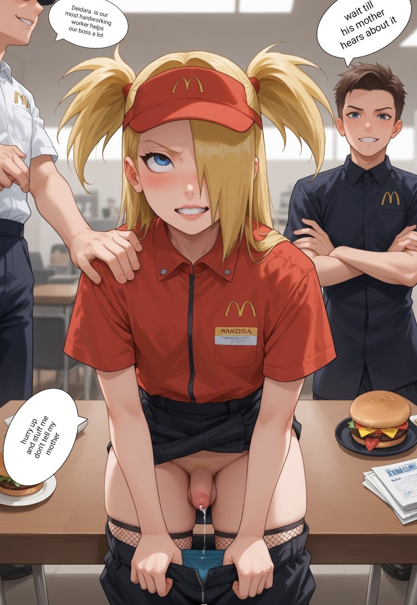 1boy ai_generated anal_sex blonde_hair deidara fast_food femboy fries goth hamburger long_hair male male_only mcdonald's naruto nipples pants penis ponytail punk rolling_eyes sissy small_penis smile soda thick_thighs thighs twintails_(hairstyle)