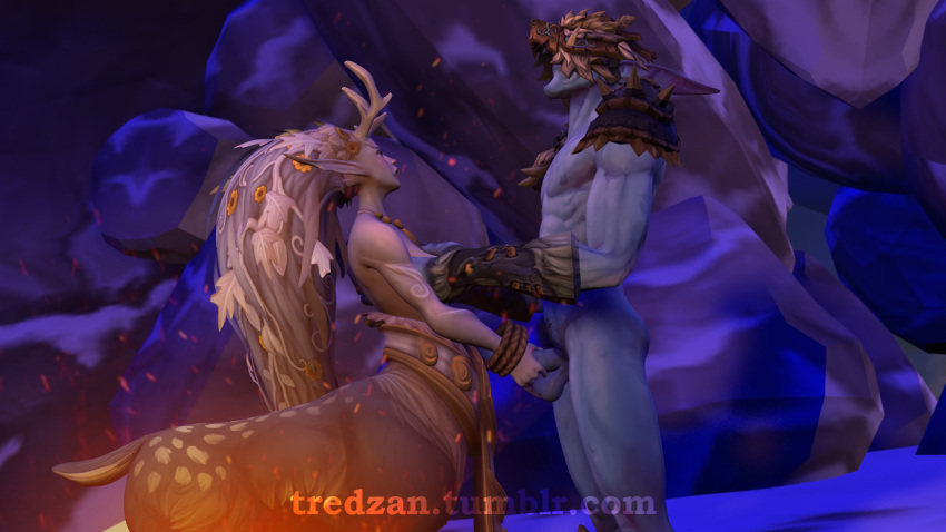 3d breasts centaur deer_taur dryad dryad_(warcraft) duo female handjob holding_penis lunara male penis straight taur tredzan troll_(warcraft) troll_male world_of_warcraft