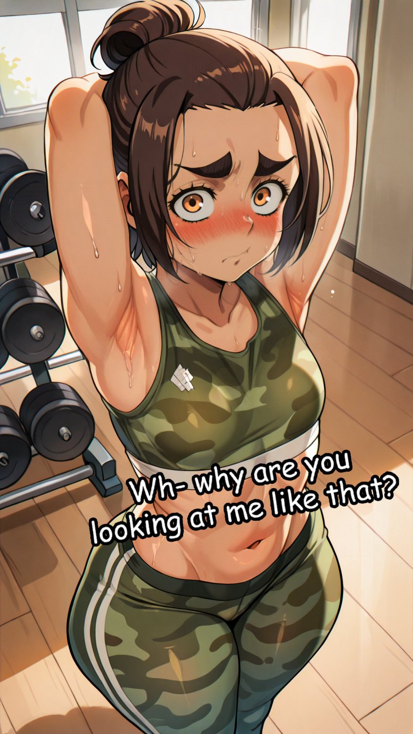 1female 1girls ai_generated armpit armpits arms_up arms_up_pose attack_on_titan awlnsfw belly belly_button blush blush blush_lines blushing_at_viewer blushing_female brown_eyes brown_hair camo camo_clothing camo_pants camouflage camouflage_pants collarbone comfyui confused confused_expression confused_face confused_look curvy curvy_female curvy_figure detailed_background detailed_female detailed_shading embarrassed exercise exercise_clothing female gabi_braun gym hair_tied hands_behind_head indoors looking_at_viewer navel pale_skin post_workout presenting_armpit self_upload sexy sexy_armpits sexy_pose shy small_boobs small_breasts solo solo_female solo_focus stable_diffusion sweating sweating_female sweaty sweaty_body sweaty_female text text_box text_bubble thick_thighs tight_clothing twitter_handle twitter_link twitter_sample twitter_username weights wood wooden_floor workout workout_clothes workout_clothing young