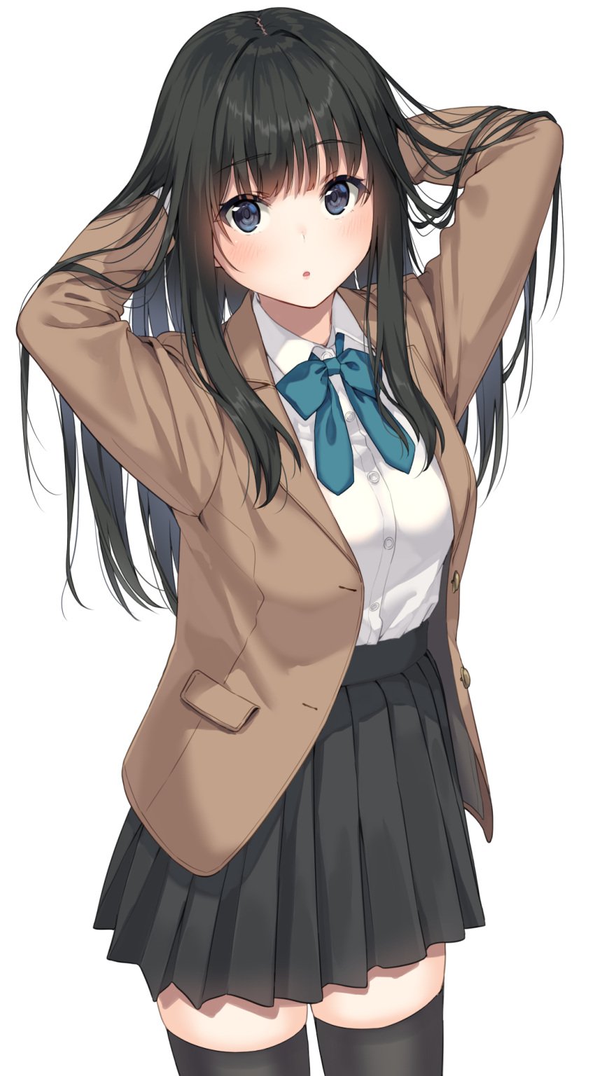 1girls :o arms_behind_head arms_up black_eyes black_hair black_skirt black_thighhighs blazer blue_bow blush bow breasts brown_jacket collared_shirt commentary_request cowboy_shot dress_shirt hand_in_own_hair hands_in_hair highres jacket long_hair long_sleeves looking_at_viewer open_clothes open_jacket original parted_lips partial_commentary pleated_skirt school_uniform shirt simple_background skirt small_breasts solo standing thighhighs unasaka_ryou very_long_hair white_background white_shirt zettai_ryouiki
