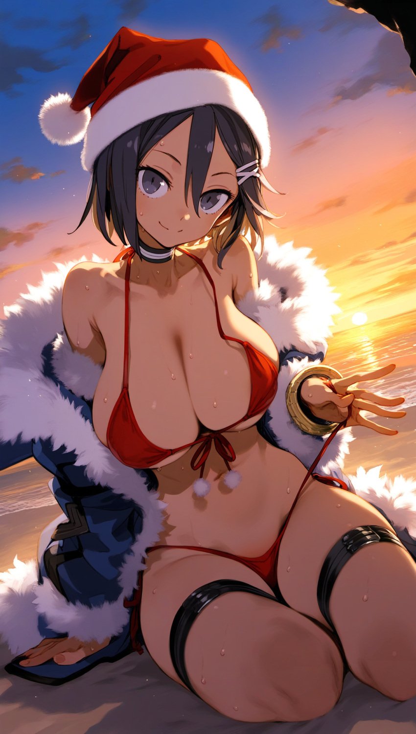 ai_generated asagi_asagiri beach bikini black_hair breasts christmas christmas_clothing christmas_hat disgaea large_breasts makai_wars ocean sea seaside thick_thighs