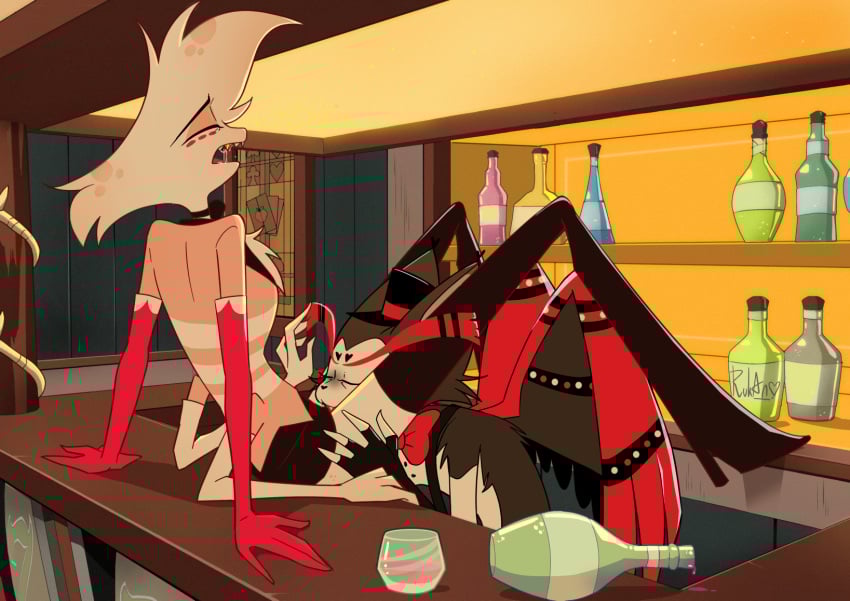 accurate_art_style alcohol alcoholic_drink angel_dust_(hazbin_hotel) arachnid bar black_body black_fur cat demon feline femboy femboy_on_male femboydom feminine feminine_male gay gay_sex giving_head gloves hazbin_hotel husk_(hazbin_hotel) male male/male male_sucking_femboy moan moaning on_bar on_bar_counter public_sex rukan sex spider tagme tophat vivienne_medrano vivziepop white_body white_fur wings