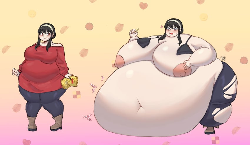 1girls belly_expansion big_areola big_ass big_belly big_breasts big_nipples black_bra black_hair black_leggings bra breast_expansion breasts expansion female leggings light-skinned_female navel red_eyes red_sweater ripped_bra ripped_clothing ripped_leggings sile2011 spy_x_family sweater tagme weight_gain yor_briar yor_forger