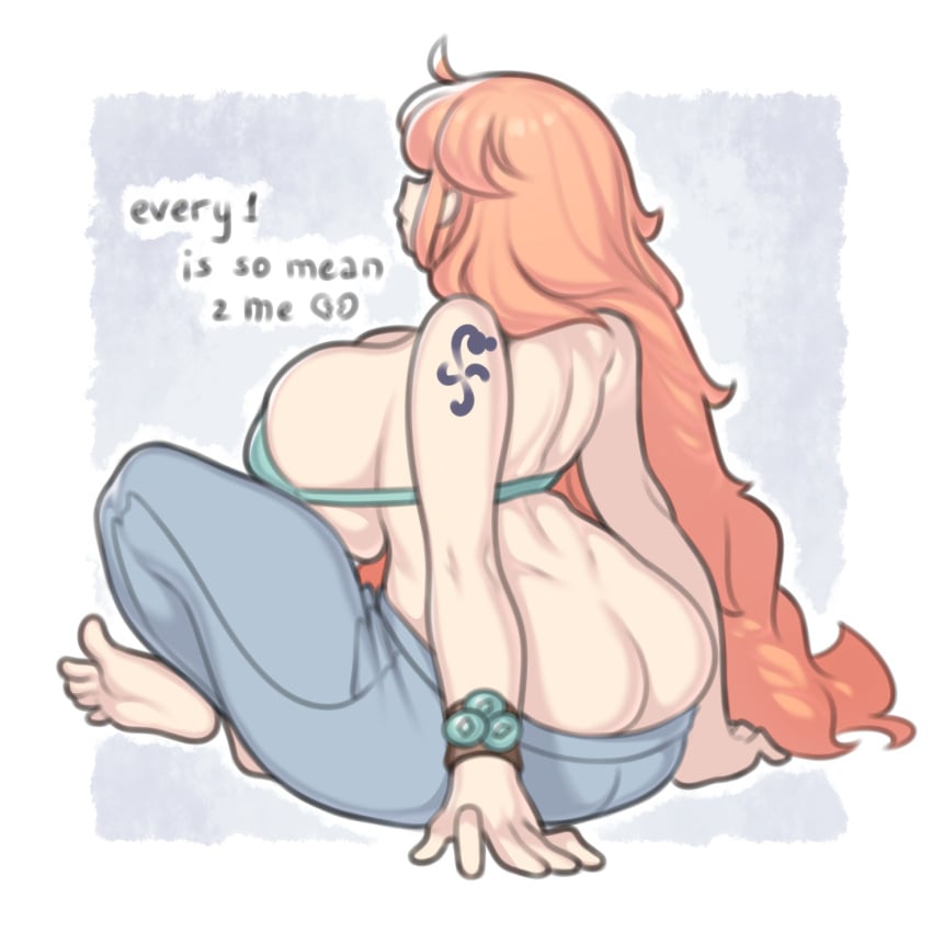arm_tattoo ass ass_cleavage blue_tattoo butt_crack clothing everyone_is_so_mean_2_me female female_only log_pose nami_(one_piece) obese onaeane one_piece orange_hair orange_hair_female sitting tattoo
