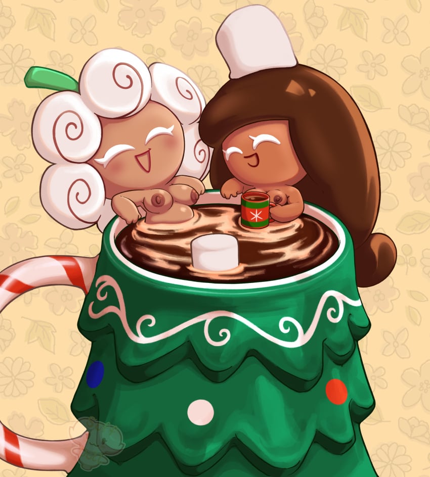 2girls bath big_breasts breasts brown_hair brown_nipples chubby chubby_female closed_eyes cocoa_cookie cookie_run eyelashes female female_only happy holding_object hot_cocoa long_hair mug nipples oc original_character relaxing smile soff_doll swirl_pattern tagme white_hair