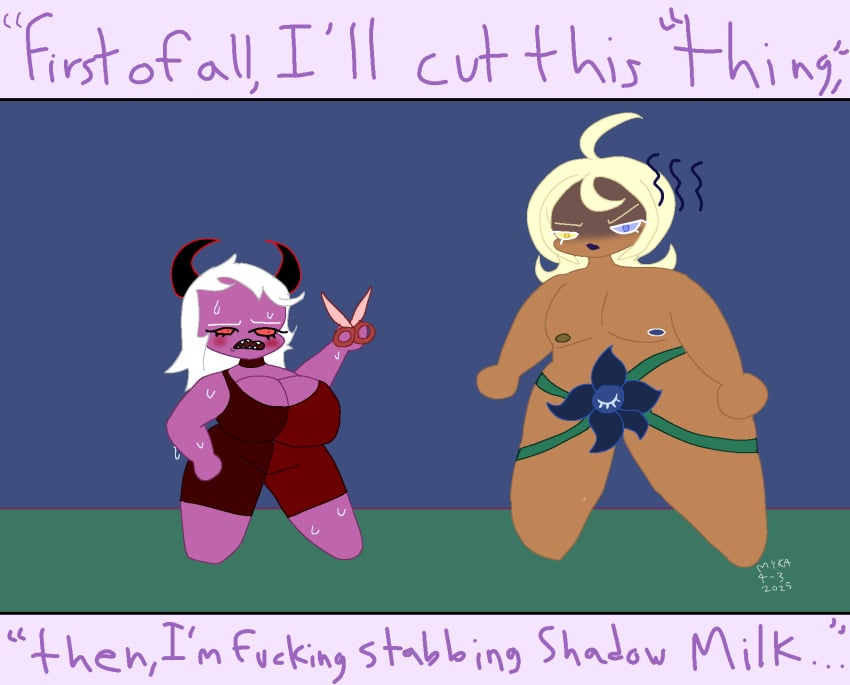 blank_face chastity chastity_cage chastity_device clever_censor comedy cookie_(cookie_run) cookie_humanoid cookie_run cookie_run_kingdom dark_enchantress_cookie flower funny funny_face mostly_nude nervous nervous_sweat nsfwmyka out_of_context pure_vanilla_cookie scissors swear swearing sweat sweatdrop sweating tagme text text_box truthless_recluse