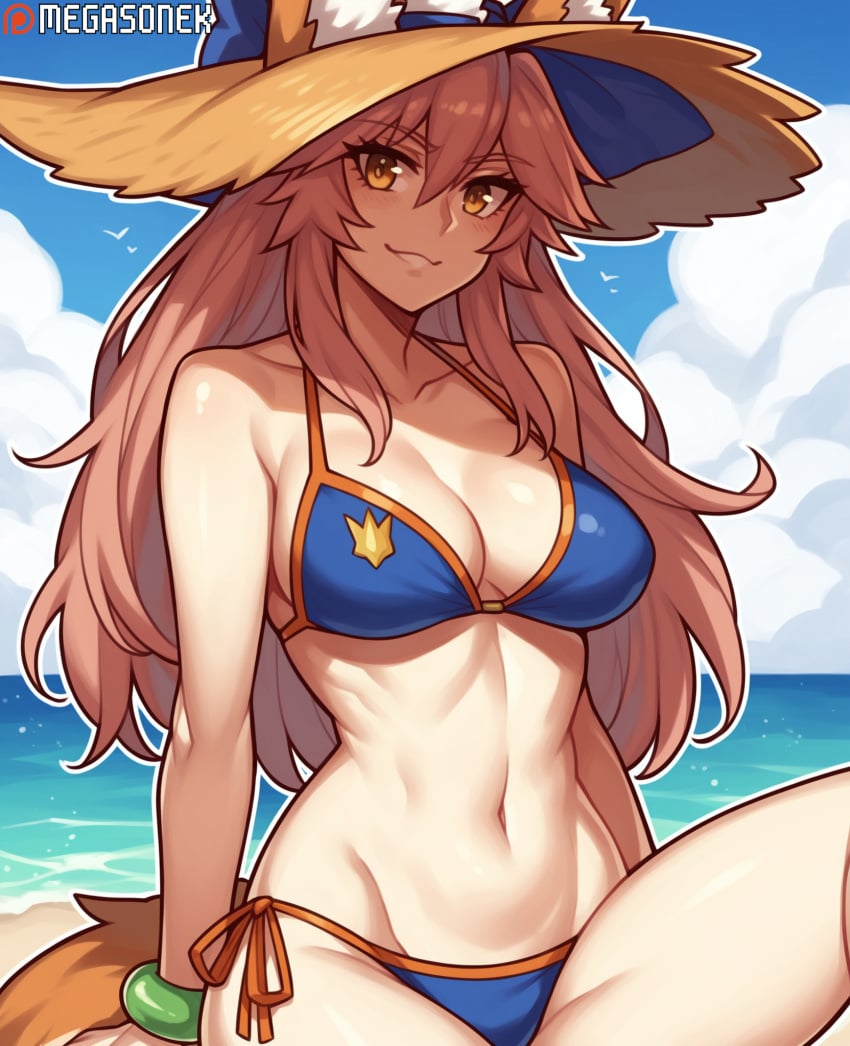 :3 ai_generated animal_ear_fluff animal_ears bare_shoulders beach bikini blue_bikini blue_sky blush bracelet breasts cleavage cloud collarbone day ears_through_headwear fate/grand_order fate_(series) female fox_ears fox_girl fox_tail hair_between_eyes hat jewelry large_breasts long_hair looking_at_viewer megasonek navel ocean outdoors patreon_username pink_hair side-tie_bikini_bottom sitting sky smile solo straw_hat sun_hat swimsuit tagme tail tamamo_no_mae_(fate) tamamo_no_mae_(swimsuit_lancer) watermark yellow_eyes
