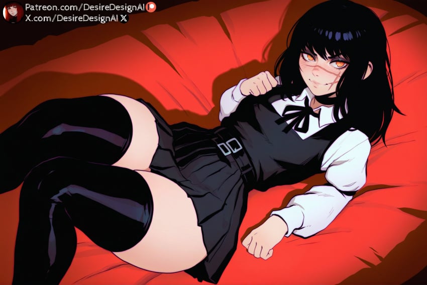1female 1girls ai_generated bangs bed belt black_clothes black_dress black_hair black_legwear black_ribbon black_thighhighs blush chainsaw_man choker clothing collared_shirt cross_scar desiredesignai dress female female female_focus female_only fourth_east_high_school_uniform hi_res high_quality high_resolution highres legwear long_hair long_sleeves looking_at_viewer lying mitaka_asa neck_ribbon on_back on_bed orange_eyes pinafore_dress ribbon ringed_eyes scar scar_on_cheek scar_on_face scar_on_nose school_uniform shirt skirt sleeveless sleeveless_dress smile solo stable_diffusion thick_thighs thighhighs thighs uniform white_shirt wide_hips yellow_eyes yoru_(chainsaw_man)