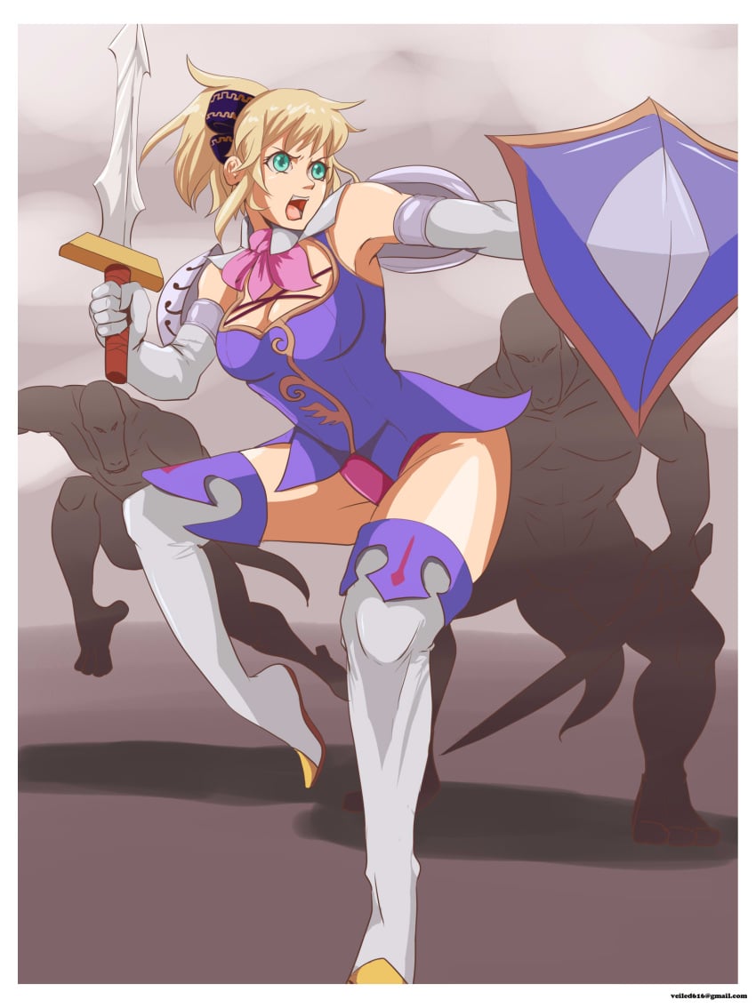 blonde_hair cassandra_alexandra female green_eyes leotard lizardman_(soulcalibur) neckerchief shield soul_calibur sword thigh_boots veiled616
