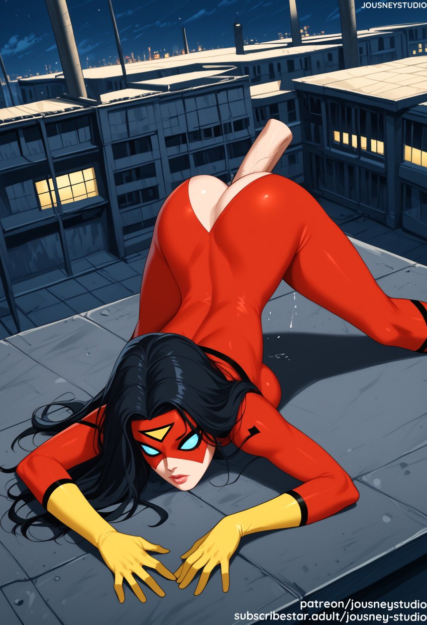 1boy ai_generated all_fours ass bent_over black_hair blue_eyes blush bodysuit breasts building clothing clothing_cutout elbow_gloves female gloves indoors jack-o&#039;_challenge jack-o&#039;_pose jessica_drew jousneystudio large_ass large_breasts lips long_hair lying makeup male marvel marvel_comics mask night night_sky outdoors parted_lips penis pussy_juice red_bodysuit rooftop sex shiny_skin skin_tight sky solo solo_focus spider-woman spider-woman_(jessica_drew) spread_legs straight superhero superheroine thick_thighs thighs top-down_bottom-up vaginal_penetration veins yellow_bodysuit yellow_gloves