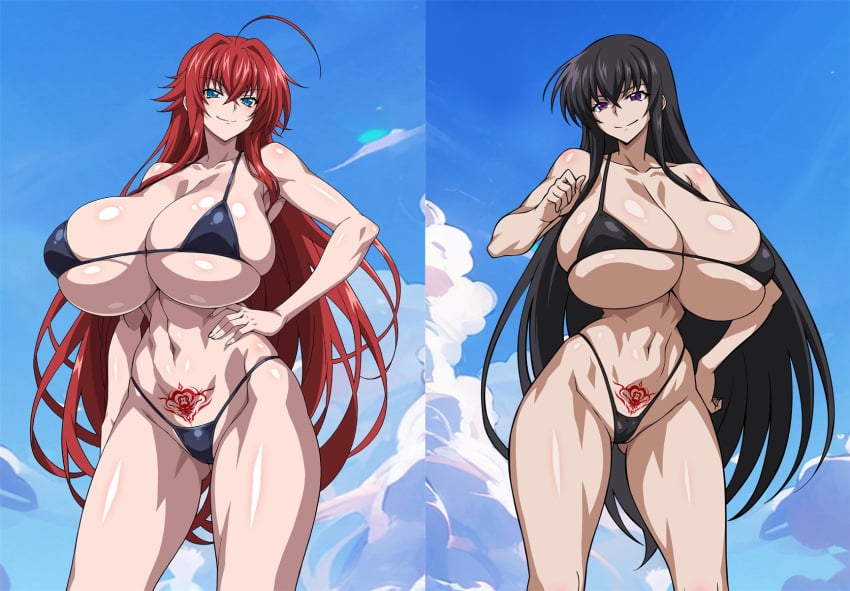 2_girls 2girls accurate_art_style alluring amano_yuuma bare_legs belly big_breasts bikini black_hair blue_eyes breasts cleavage female female_only giant_breasts high_school_dxd long_hair looking_at_viewer pin_up purple_eyes raynare red_hair rias_gremory smirking_at_viewer under_boob yxyyxy